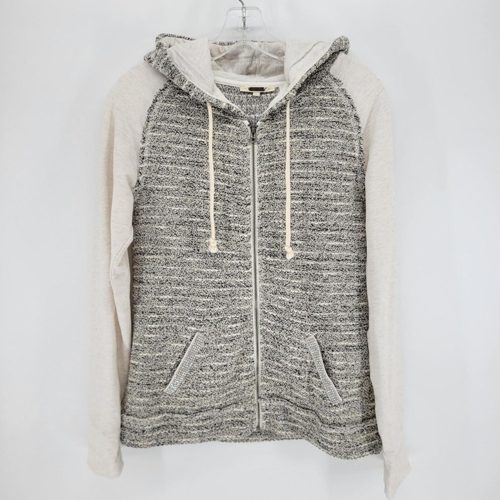 Miss Me Womens Mixed Knit Rhinestone Zip Up Hoodie Grey Cream MDXT004 Size M